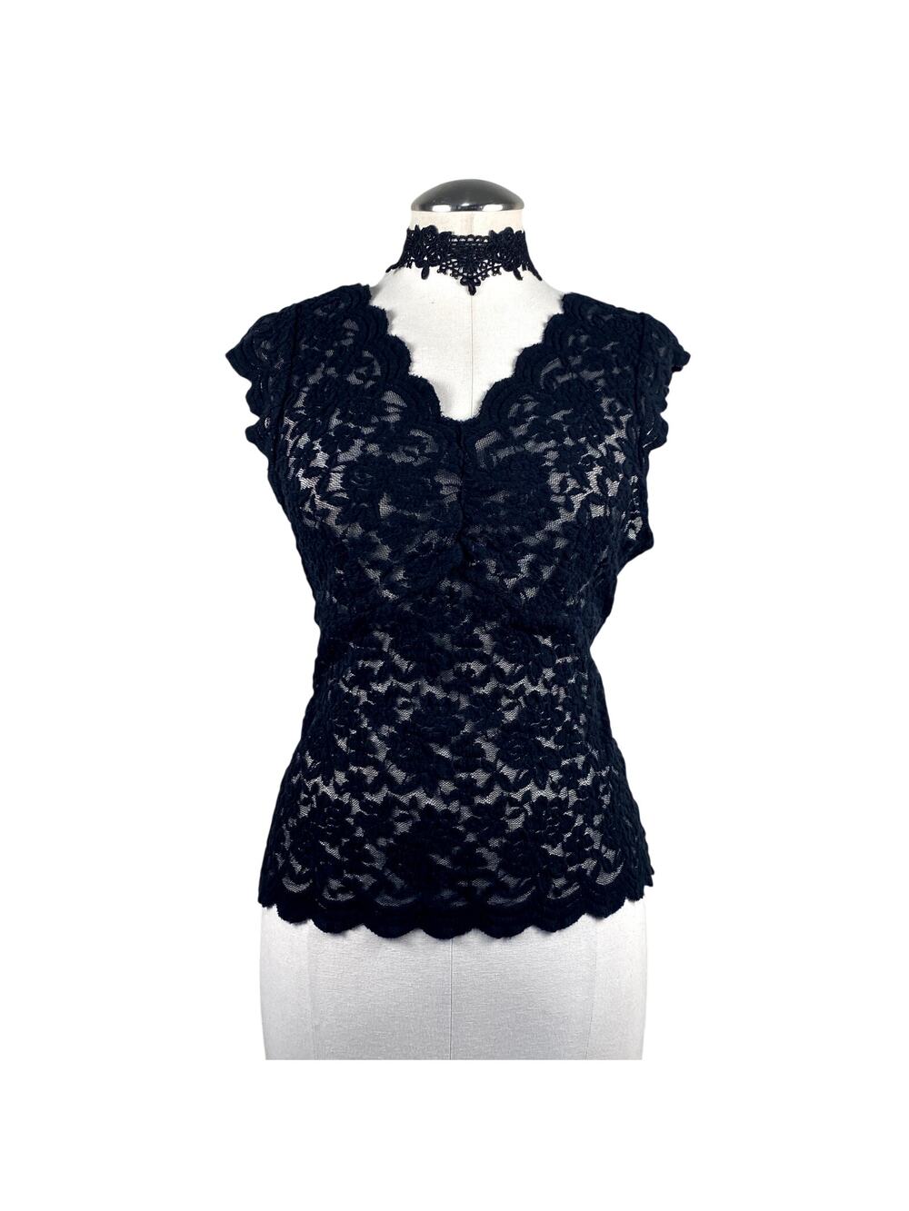 Y2K Style Sheer Lace Black Ruched Whimsigoth Corp Goth Office Siren Blouse Sz XL